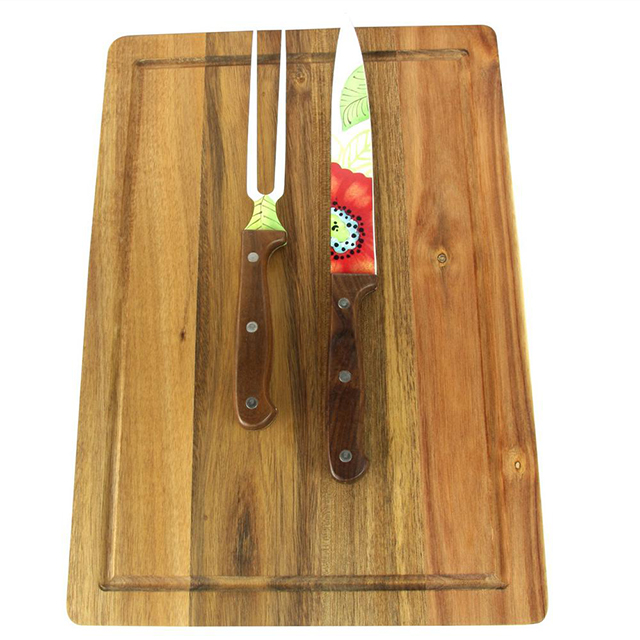 LAURIE GATES 8in SS CARVING KNIFE & 6in FORK WCUTTING BOARD