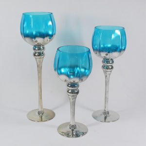 3PC BLUE & SILVER GLASS CANDLE HOLDERS