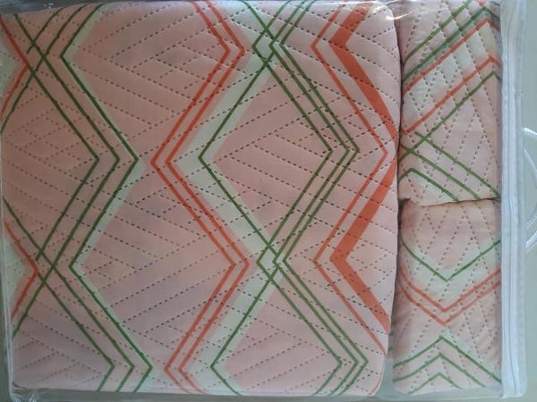 queen bed spread pink green geometric