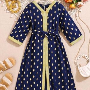 Girls Gold Polka Dot Blue Dress