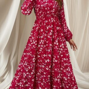 Ladies Red Long Sleeve Floral Dress