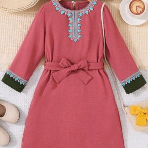 Girls’ Pink Round Neck Long Sleeve Dress